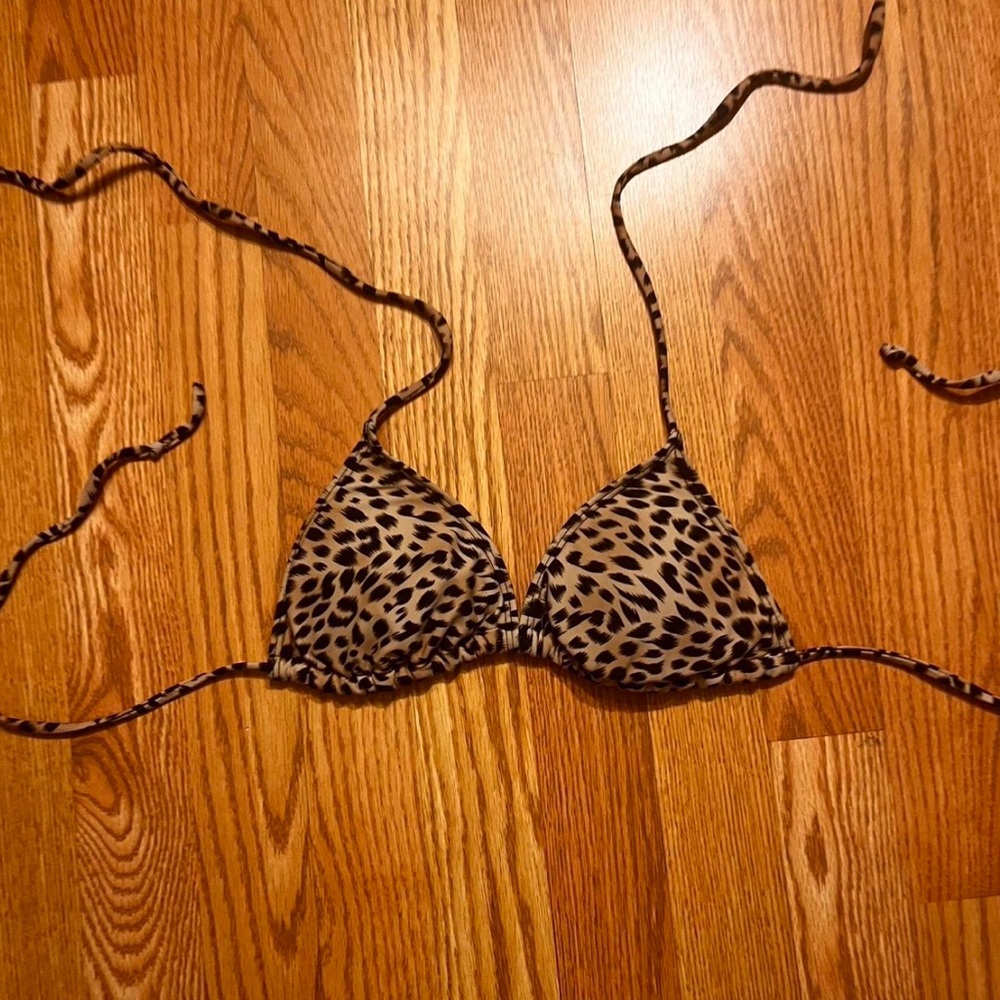 Leopard Print Triangle Bikini Top - Taupe/Black